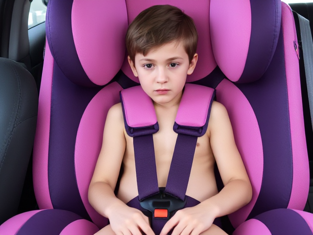 A large, shiny pink and purple car booster seat with a thick padded 5-point harness. A slender 14-year-old boy securely fastened into the booster seat, appearing upset. He sits deep inside with a tight crotch strap.