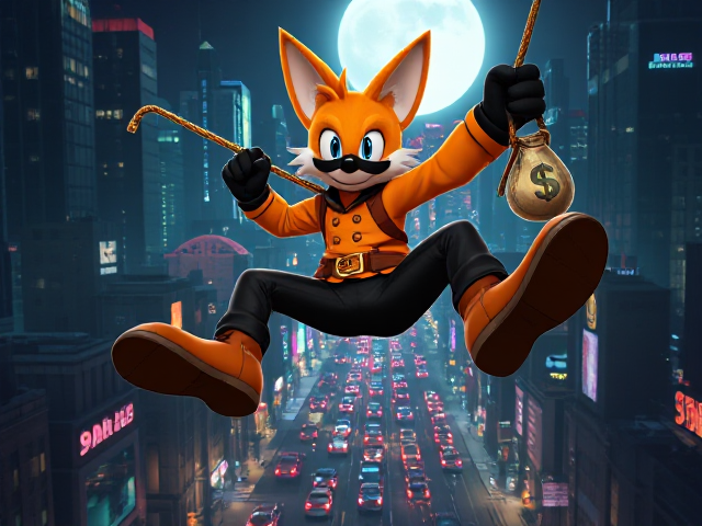 Miles "Tails" Prower, the two-tailed anthropomorphic fox, dynamically swinging on a rope in a massive neon-lit cityscape at night under a full moon. Tails grips an intricately designed cane with a gold hook at the tip in one hand and a bag of cash spilling coins from the other. He is wearing a sleek black domino thief mask to hide his identity, an orange long-sleeved shirt adorned with subtle patterns, matching high-tech orange boots, and a brown leather belt featuring his iconic logo as the belt buckle and no pants. Down on the streets below are numerous cop cars trying to chase and capture Tails. The background showcases towering skyscrapers and bustling streets filled with vibrant activity below