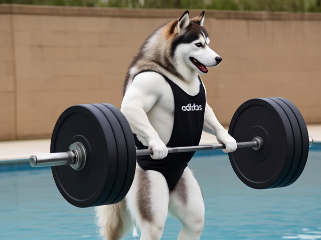 A anthropomorphic Siberian husky wearing an adidas swimsuit deadlifting a barbell on a pool deck