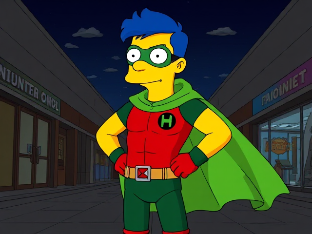 Cartoon scene: Milhouse Van Houten from The Simpsons, with his yellow skin, really big round nose, and blue hair that's slicked back and curled up at the top, but as a tall, 18-year old teenager, dressed as a parodied version of Robin, The Boy Wonder, with an extremely muscular body, wearing a dark green bodysuit with a red torso adorned with a small black circle with a light-green "H" symbol on his left pectoral, a silver utility belt with a red square buckle with silver pouches attached to it that hold all of his unique gadgets, red boots, red long-cuffed gloves, a really big, toe-length long, ultra-wide light-green cape wreathed around his neck held up by an inverted silver triangular button, and a light-green eye mask with optical lenses in it that protects his true identity, now known as Houseboy, The Nerd Wonder, the other half of Springfield's Dynamic Duo, and one of the greatest vigilante superheroes ever known in Springfield. In this scene, Houseboy is currently standing in a dark, abandoned mall at night, investigating the scene of the crime.