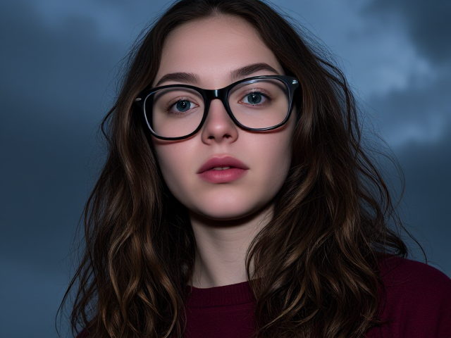 Pale petite teen girl, teal eyes, long curly brown hair, freckles over her nose, pouty lips. Wears glasses and a burgundy sweatshirt