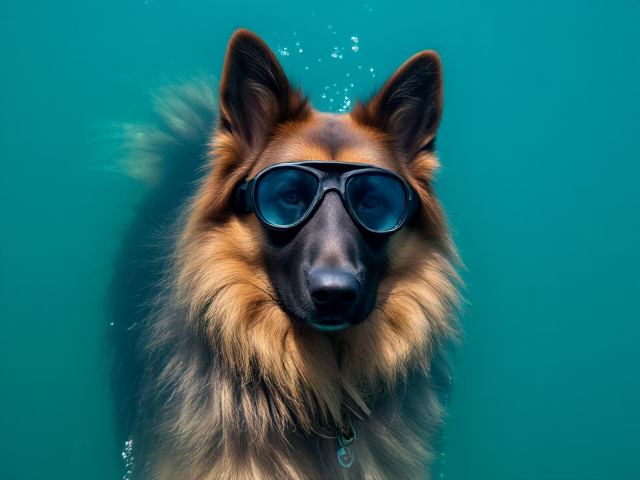 A long haired German shepherd wearing Freediving goggles lying on its back on the ocean’s surface