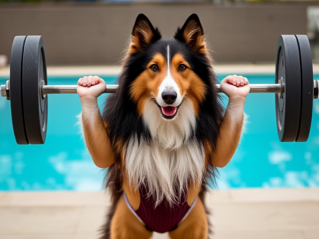 A anthropomorphic Rough collie wearing a swimsuit lifting a barbell by the pool