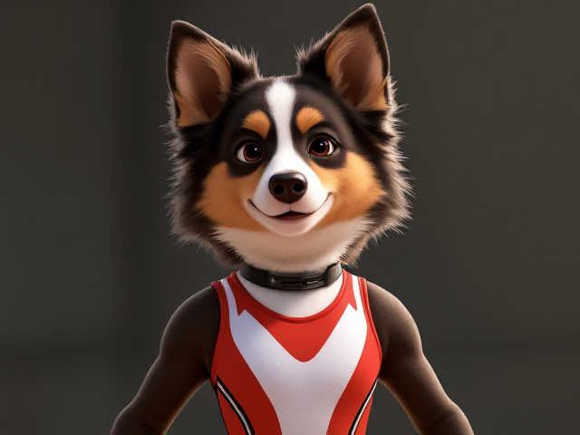 A anthropomorphic Australian shepherd Olympic gymnast wearing a leotard