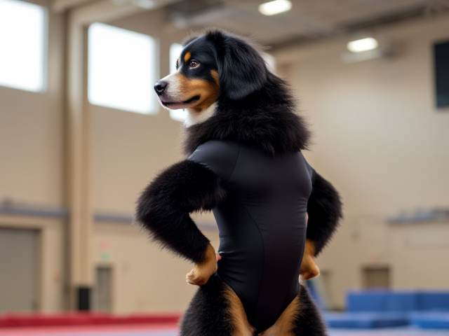 Bernese mountain dog with strong hips, wearing a gymnastics leotard, inside a gymnasium, dynamic pose, vibrant lighting, detailed fur