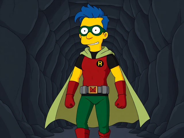 Cartoon scene: Milhouse Van Houten from The Simpsons, with his yellow skin, really big round nose, and blue hair that's slicked back and curled up at the top, but as a tall, 18-year old teenager, dressed as a parodied version of Robin, The Boy Wonder, with an extremely muscular body, wearing a dark green bodysuit with a red torso adorned with a small black circle with a green H symbol on his left pectoral, a grey utility belt with a red square buckle with silver pouches attached to it that hold all of his unique gadgets, red boots, red long-cuffed gloves, a really big, heel-length long, ultra-wide black and light-green cape wreathed around his neck held up by a silver triangular button, and a green eye mask with optical lenses in it that protects his true identity, now known as Houseboy, The Nerd Wonder, the other half of Springfield's Dynamic Duo, and one of the greatest vigilante superheroes ever known in Springfield. In this scene, Houseboy is currently walking through a dark, mysterious underground passageway, wondering what lies beyond it as he looks around for clues to the mystery he is trying to solve.