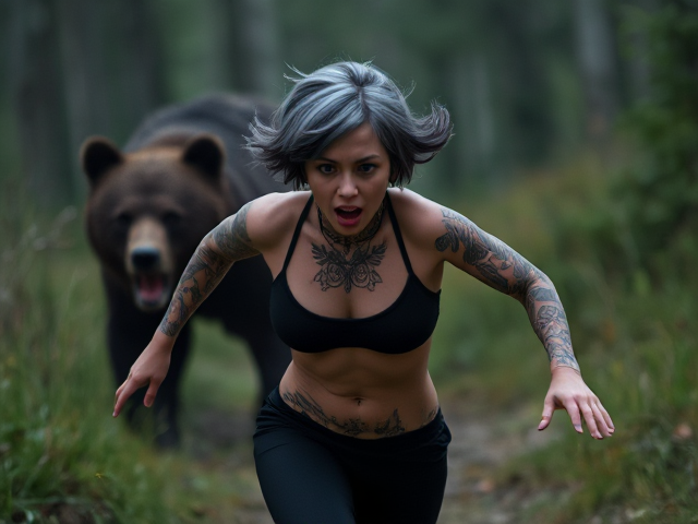 Thick, young, nymph Goth girl, black silver short hair, covered in tattoos, athletic clothes,neck to belly tattoo, running away from a bear, wounded, frightened, panicking,dark, same girl.