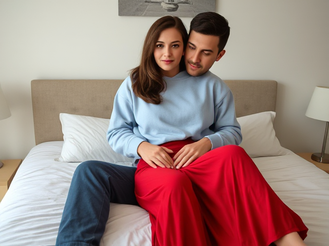Brunette wearing a light blue sweatshirt and red maxi skirt carried by her loving husband to a bed