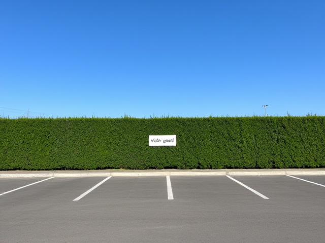 Une place de parking vide avec une haie verte bien taillée en arrière-plan, au milieu une place de parking avec un message , vide= gare toi! . Devant, ciel bleu et clair, éclairage naturel
