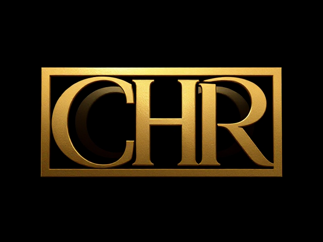 Logo symbole rectangle vertical doré, symbole, lettres CHR entrelacées dans un symbole élégant sur fond noir