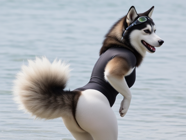 A anthropomorphic Siberian Husky wearing a neoprene swimsuit and goggles showing off her tail and hips