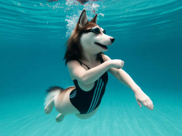 A anthropomorphic Siberian husky wearing an adidas swimsuit and swimming goggles dancing underwater