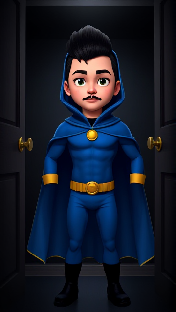 Dramatic cartoon scene: A preteen 12-year old boy with light skin and freckles on his cheeks named Kyle Lipton, but transformed into a superhero named Dr. Dimensionpants, who, despite still being a kid, has an extremely muscular body. He wears a tight blue hood outlined by a yellow line, with a smooth, slicked back black mohawk on top. He also wears a sleek blue bodysuit outlined with yellow lines on the cuffs of the sleeves and pants, a golden belt with a circular buckle, black boots, and a really big, toe-length, ultra-wide blue cape with a really big collar outlined with yellow lines wreathed around his neck held up by a golden button. The pupils in his eyes are green, and he has a black twin moustache. He also has incredible, invincible, and cosmic superpowers flowing through his veins. He is currently standing in the pitch-black void inside his bedroom closet, searching for the mysterious entity that is hiding in the darkness, unaware that it is a trap.