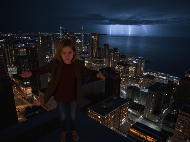 A petite 13-year-old girl with strawberry blonde hair, wearing a pullover and jeans, is standing on the roof ledge of a night club. Next to her on the roof, standing nearby is a modern-day, pale skinned vampire in his late twenties, with blonde hair, dressed in a brown trench coat and jeans. He appears uneasy as he looks at her. The girl gestures angrily at him, flailing her arms. A thunderstorm approaches the cityscape from the sea shore. Set at night.