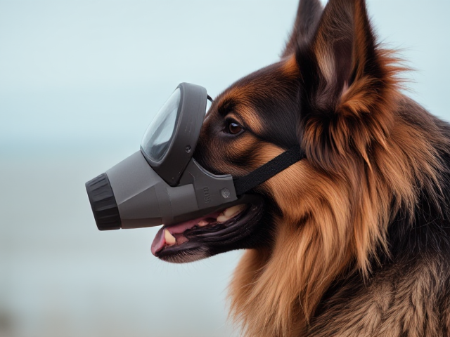A long haired German shepherd wearing a snorkel