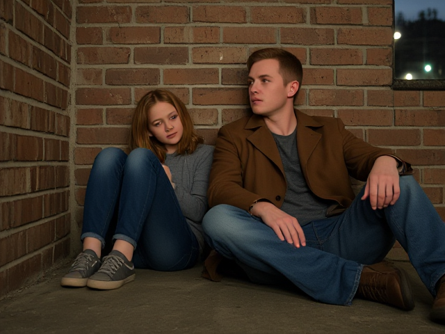 a petite, 13-year-old girl with strawberry blonde hair, wearing jeans and a hooded pullover, sits slumped with her back against a brick wall, feet forward, legs outstretched. Next to her sits a modern-day male vampire, 28 years old, with pale skin and blonde hair, dressed in jeans and a brown trenchcoat. The vampire is slumped against the wall as well, feet forwards, legs outstretched. The girl has a forlorn look and rests her head on the vampire's shoulder. Set at night in an abandoned warehouse, in a holding room with no windows. The vampire is roughed up from a fight. Both have their backs against the wall. 
The vampire looks straight ahead, worried.. they're in a locked room. Seen through a window in the door. Both have their legs outstretched, feet forward, flat on the ground.