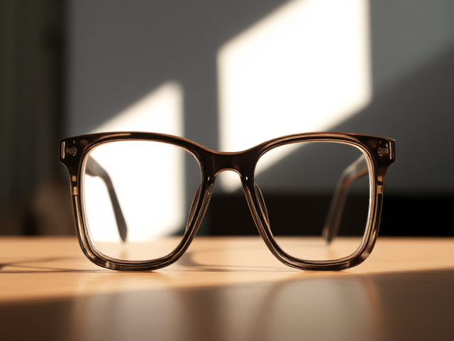 Square shaped, transparent frame glasses, sitting on a table