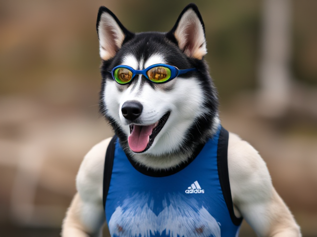 A anthropomorphic Siberian husky wearing an adidas swimsuit and swimming goggles