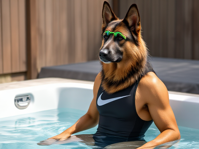 A tall and lean anthropomorphic long haired German shepherd with a long torso and broad shoulders wearing a high cut Nike one piece swimsuit and swimming goggles while sitting in a hot tub