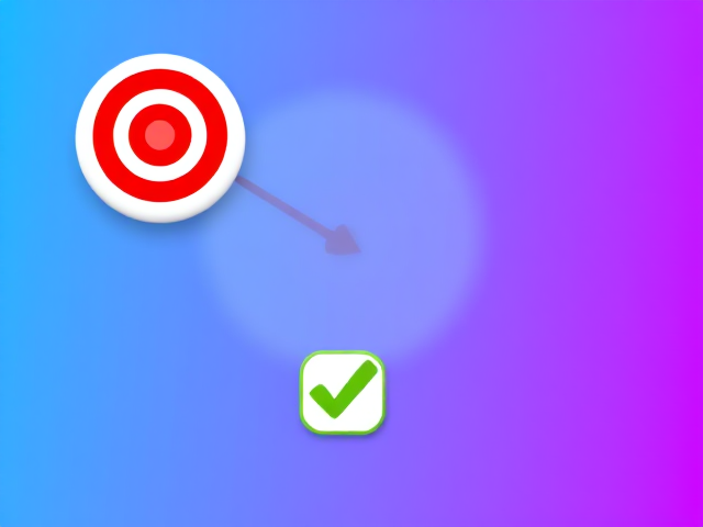 Add a bold, colorful icon of a red and white bullseye target positioned in the top-left area of the image. Ensure the target has clean concentric circles with a red arrow piercing through the center, symbolizing focus and achievement. Surround the icon with a simple, rounded white background to make it stand out against the blue-purple background. Place a small green checkmark directly below the icon, ensuring the checkmark has a bright green color and a slight shadow for depth. The overall design should look clean and sharp to emphasize its importance.