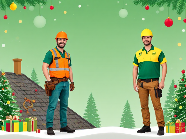 genere moi une image aux couleurs de noel ou je peux y voir des ouvriers du batiment dont un couvreur et une personne travaillant dans les énergies renouvelables habillé avec un pantalon de travail carpenter et un polo de travail avec des couleurs vertes et jaunes  
 avec de la place au milieu pour que je puisse mettre le logo de mon entreprise