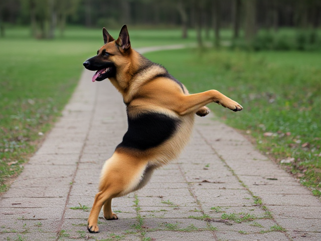 A German shepherd doing a back bridge pose
