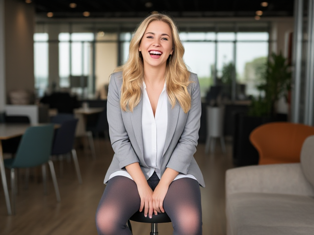 Beautiful blonde business woman in grey pantyhose laughing her face off again and again and again on a stool