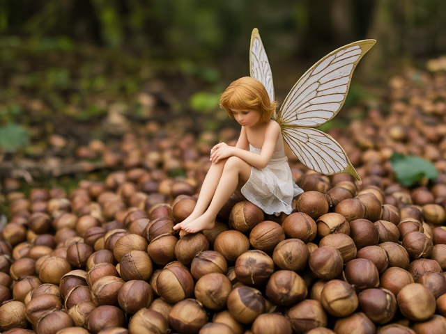 Fairy sitting on a pile of unshelled hazelnuts in an Enchanting, Victorian, Fairy Tale Art style