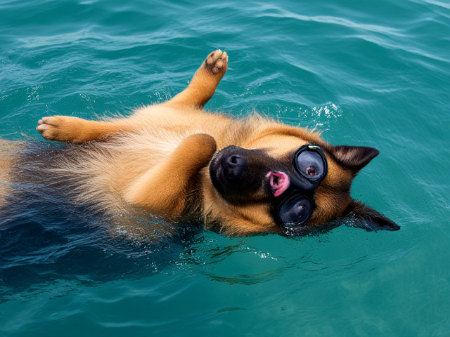A long haired German shepherd wearing Freediving goggles lying on its back on the ocean’s surface