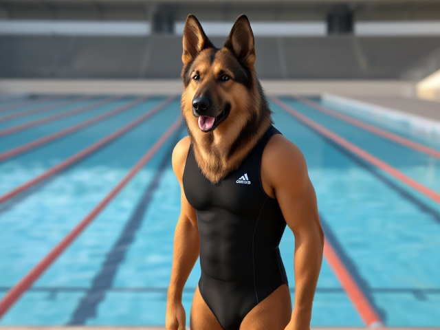 A tall and lean anthropomorphic long-haired German shepherd with broad shoulders and a long torso, wearing a adidas one piece swimsuit while standing next to a Olympic-Sized swimming pool