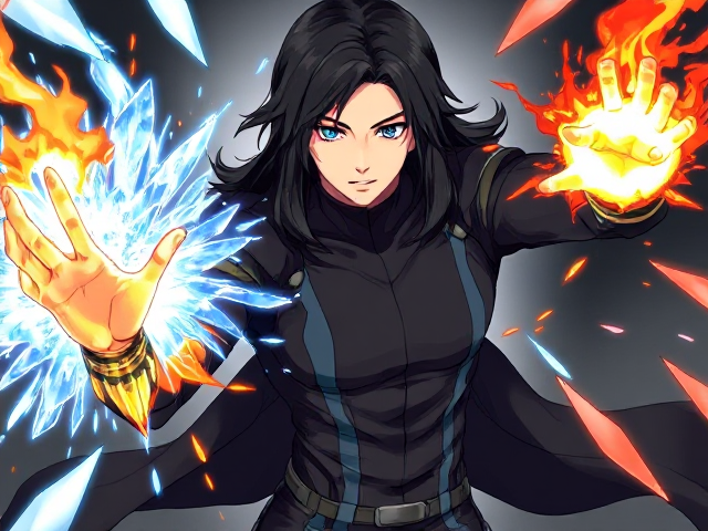 Young adult male with long black hair to medium, wearing sleek futuristic style clothing. He displays special powers: his right arm is projecting icy shards while his left arm emits fiery flames. His eyes are distinct, with the left eye being a vivid blue and the right eye a striking red. Anime style, highly detailed and dynamic action pose
