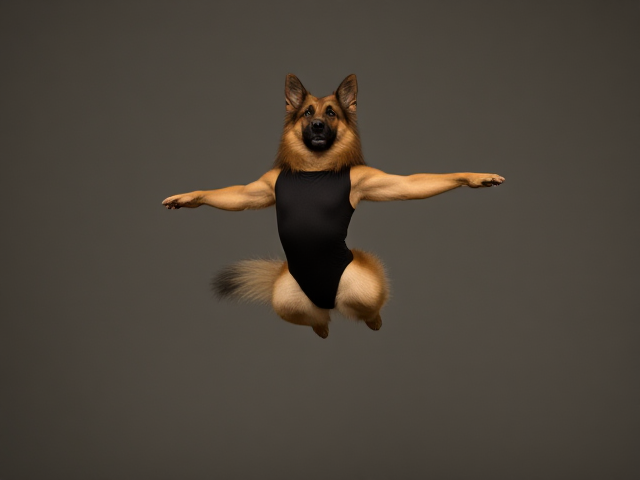 A anthropomorphic long haired German shepherd wearing a gymnastics leotard doing the spilts