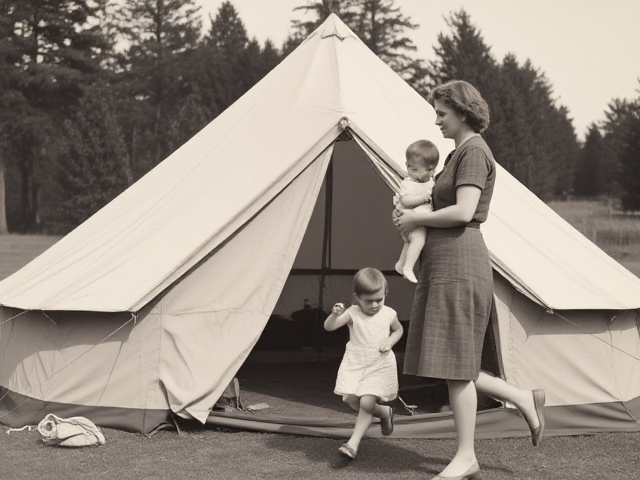 1940 tent camping and mother standing holding baby and young girl running to mother