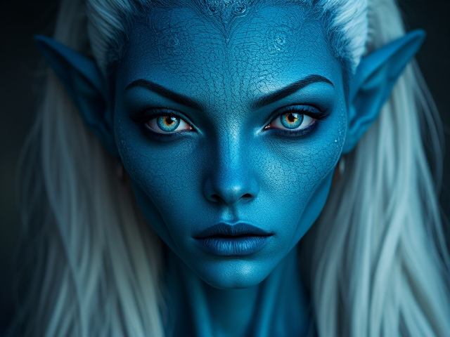 “Portrait of a beautiful alien woman with BLUE skin. Her hair is long and white, her face is decorated with intricate, shining patterns. She has human-like ears but with a unique twist - they are slightly elongated and otherworldly.