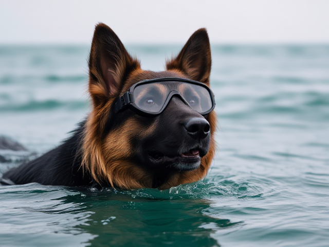 A long haired German shepherd wearing Freediving goggles rises from the ocean’s surface to take a breath