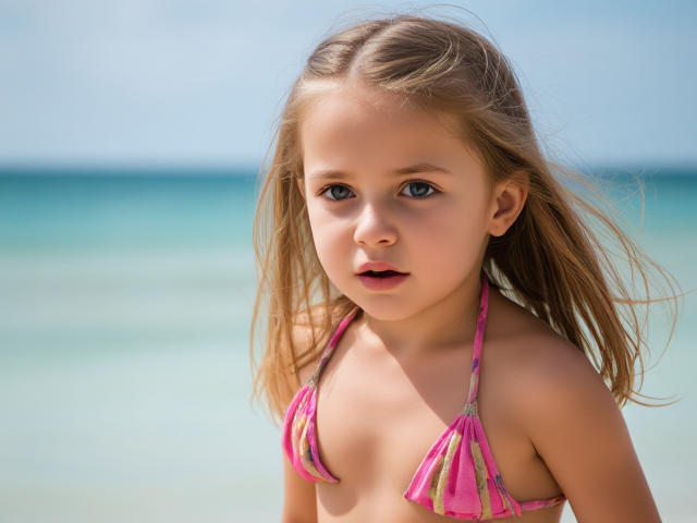 Little girl in a bikini scared