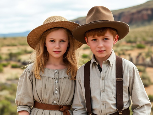 a wealthy family from the 1800s Gold Rush era in Australia, featuring a blonde-haired girl and a red-haired boy, wearing period-appropriate clothing, set against an Australian landscape with hints of gold mining activity in the background