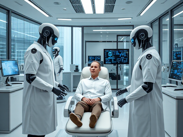 A futuristic medical clinic where humanoid robots are the doctors and nurses. The scene shows humanoid robots in white medical coats assisting a human patient sitting on an examination chair. The robots have advanced features like glowing blue eyes, and are interacting with the patient while digital health data is displayed on screens. The clinic is clean, well-lit, and modern with cool metallic tones, glass windows, and futuristic medical equipment."