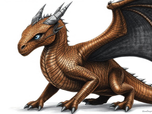 Female dragon with leather brown scales and dark midnight-black wings; obsidian black underbelly and dark brown clawed feet. She has a deep, jagged scar crossing the left side of her face from her eye down to her nose, alongside small yet numerous battle marks and scratches. Her eyes are ice blue. Narrow, beautiful face and an elegantly long neck. Has ears like a horse. Powerfully and dominantly built with taut muscles under her scales. She moves purposefully and proudly; has an expression of hope in her face