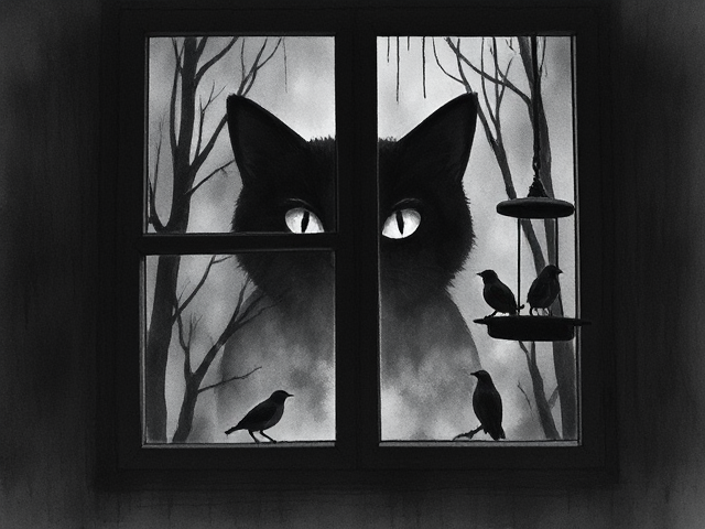 Looking into a window with a silhouette of cat eyes inside looking out the window at scared birds at a bird feeder