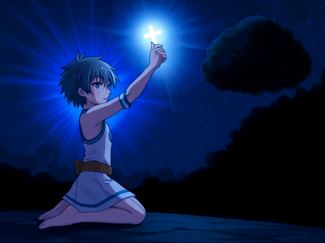 A kneeling anime character with blue rings and a radiant deep blue aura raising a glowing mini cross, illuminating it towards a dark black cloud on the right