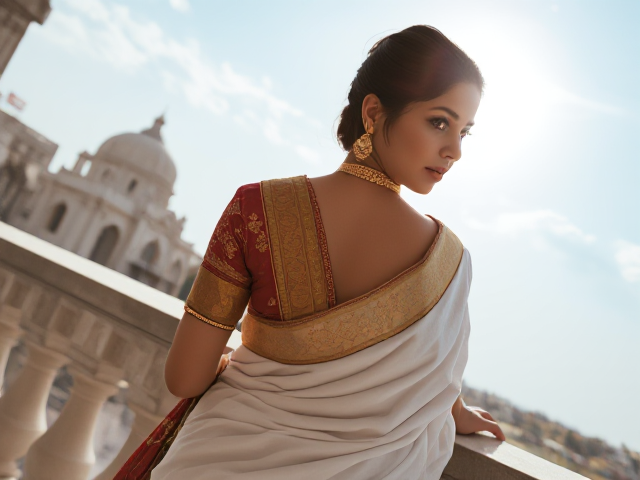 Indian woman in a white Saree with gold jewelry and back turned looking at the sky from a balcony