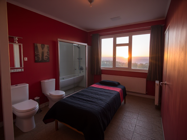 A top floor small bedroom in a big house with a bathroom with a toilet and tub near it red walls a casket bed with black and red covers