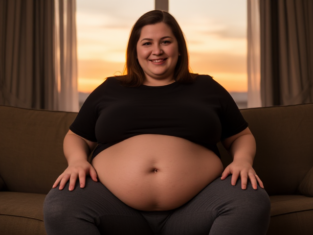 tall obese woman 25 years old light brown hair brown eyes wearing a black shirt and grey pants sitting on the couch smiling with her belly out