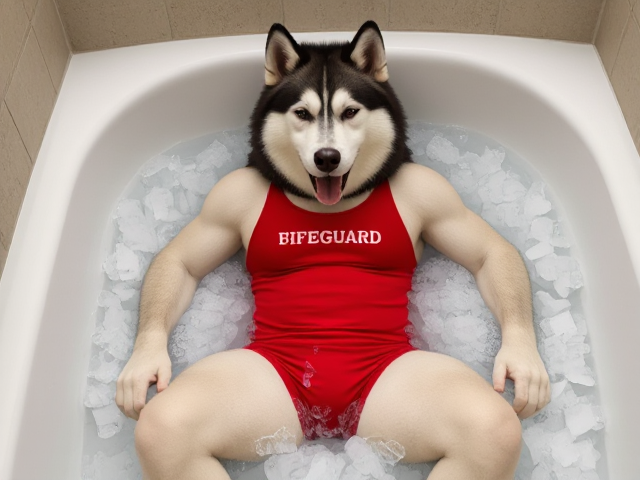A anthropomorphic muscular alaskan malamute wearing a red lifeguard one piece swimsuit in a bathtub full of ice