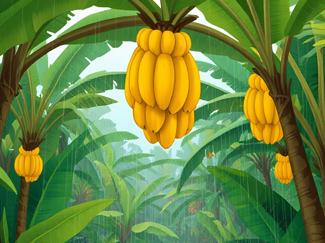 illustrative cartoon style like Disney 1980's art. A lush ropical forest with banana trees bearing ripe bananas hanging naturally. It's raining.