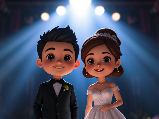 one male and one female cute cartoon characters for a wedding invitation