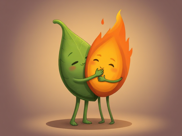 Leaf with two legs and two arms hugging a flame with two arms and two legs