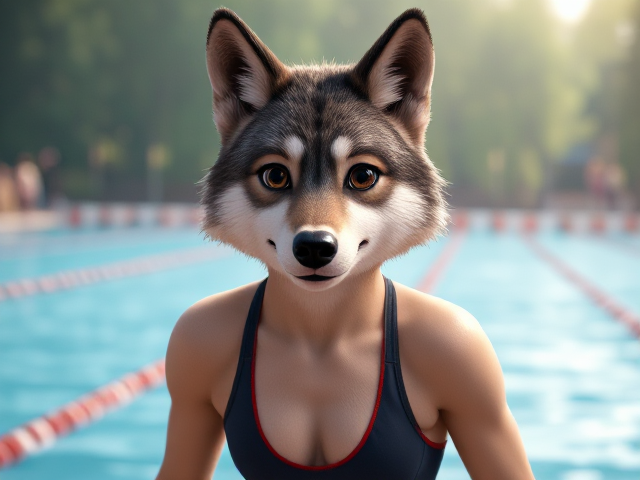 A wolf Olympic swimmer wearing a one piece swimsuit