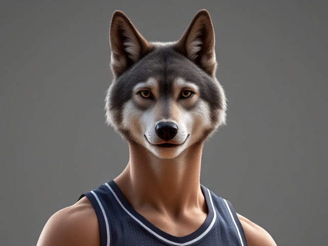 A tall and lean anthropomorphic gray wolf basketball player